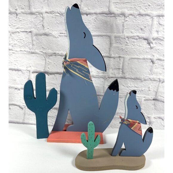 Vintage Handmade Southwestern Folk Art Howling Coyote Cactus Set Wood Décor 80's - Picture 2 of 16